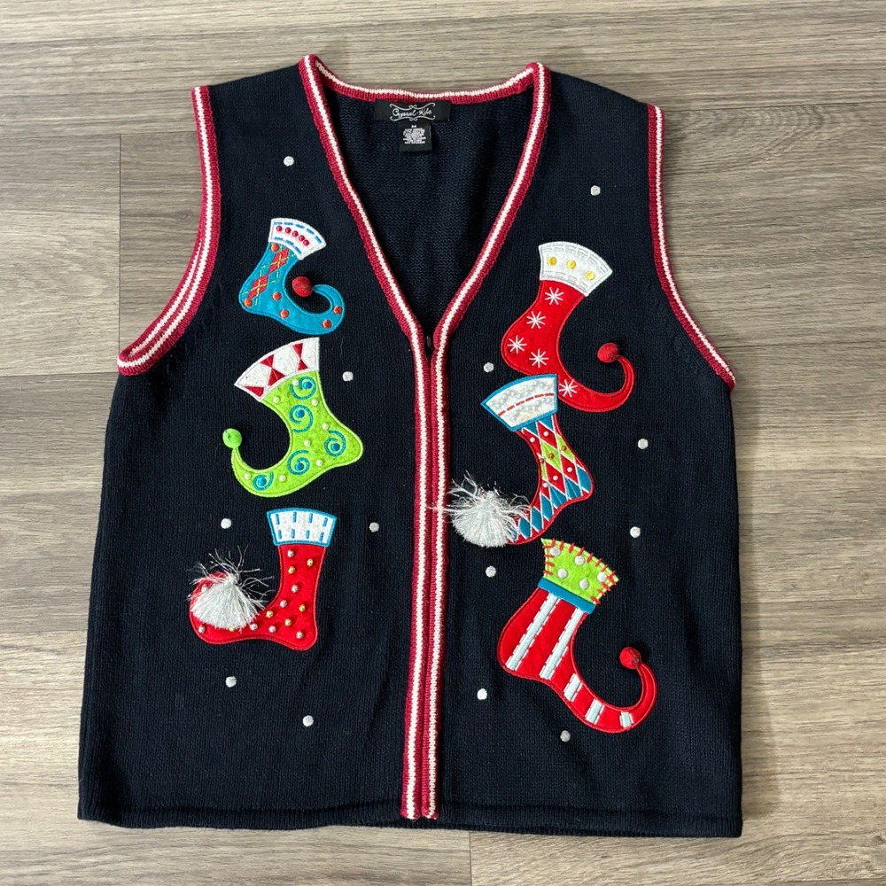 Crystal Kobe Womens Medium Black Christmas Stocking Zip Up Sweater Vest Vintage